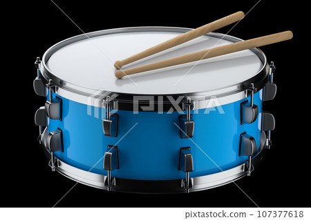 Realistic drum and wooden drum sticks on black. 3d render of musical instrument Realistic drum and wooden drum sticks on black. 3d render of musical instrument 107377618
