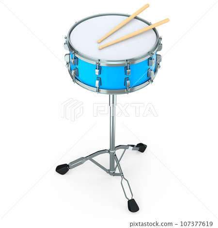 Realistic drum and wooden drum sticks and stand on white background Realistic drum and wooden drum sticks and stand on white background 107377619