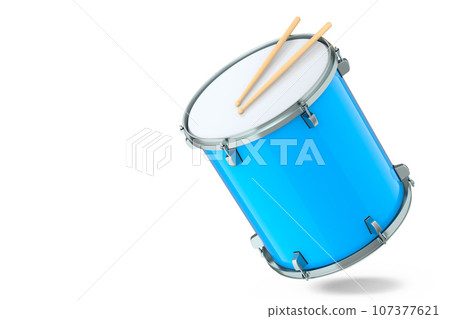 Realistic drum and wooden drum sticks on white. 3d render of musical instrument Realistic drum and wooden drum sticks on white. 3d render of musical instrument 107377621