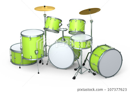 Set of realistic drums with metal cymbals or drumset on white background Set of realistic drums with metal cymbals or drumset on white background 107377623