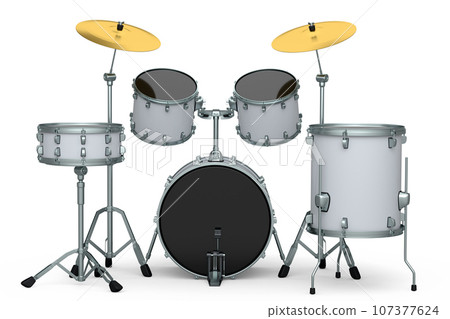 Set of realistic drums with metal cymbals or drumset on white background Set of realistic drums with metal cymbals or drumset on white background 107377624