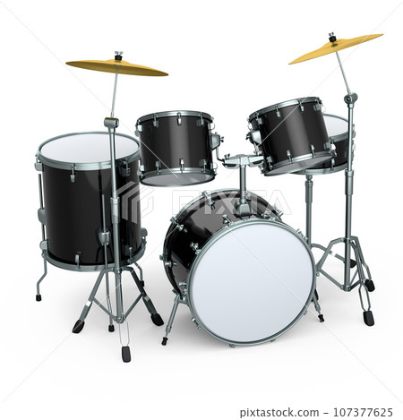Set of realistic drums with metal cymbals or drumset on white background Set of realistic drums with metal cymbals or drumset on white background 107377625