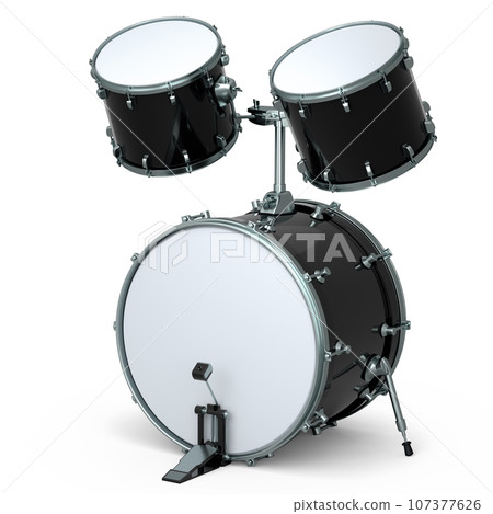 Set of realistic drums with pedal on white. 3d render of musical instrument Set of realistic drums with pedal on white. 3d render of musical instrument 107377626