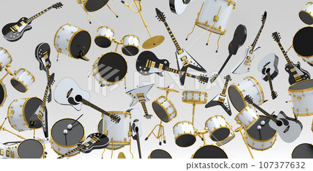 Many of flying acoustic guitars, drums with metal cymbals or drumset on white 107377632