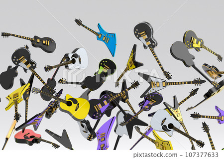 Many of flying acoustic guitars isolated on white background. 107377633