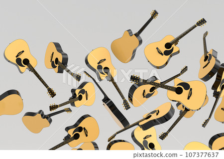 Many of flying acoustic guitars isolated on white background. Many of flying acoustic guitars isolated on white background. 107377637