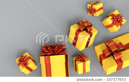 Gift boxes with ribbon and bow for Merry Christmas flying and falling on grey 107377653