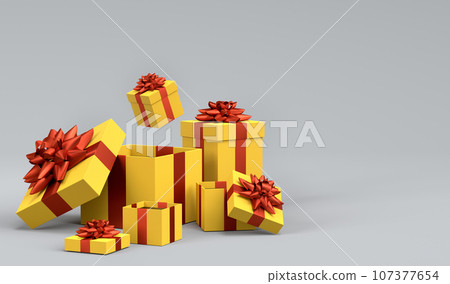 Gift boxes with ribbon and bow for Merry Christmas flying and falling on grey 107377654