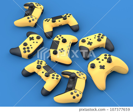 Set of lying gamer joysticks or gamepads on blue background 107377659