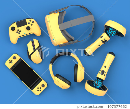 Top view gamer gears like joystick, mouse, headphones and VR glasses 107377662