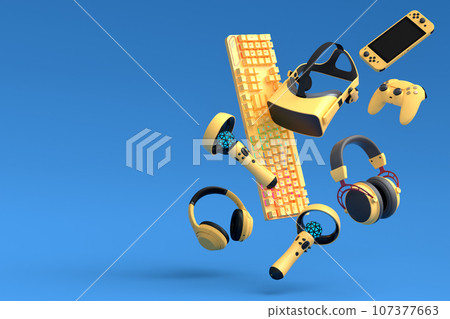 Top view gamer gears like joystick, keyboard, headphones and microphone 107377663