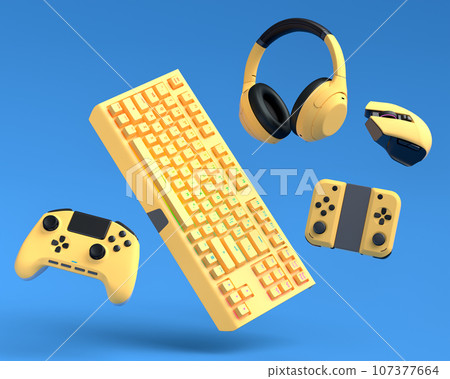 Top view gamer gears like joystick, keyboard, headphones and mouse 107377664