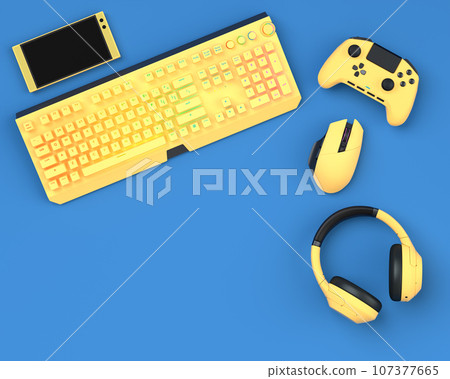 Top view gamer gears like joystick, keyboard, headphones and mouse 107377665