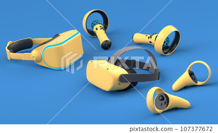 Top view virtual reality glasses and controllers for online gaming on blue 107377672