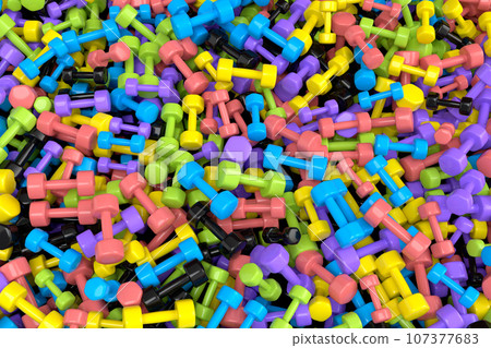 Pile of sport equipment sport like rubber dumbbell, barbell on dark background 107377683