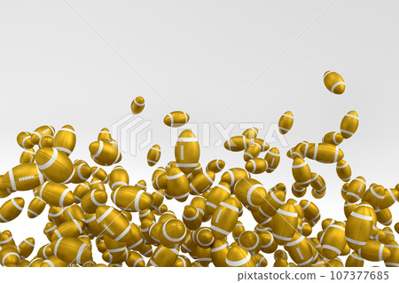 Many of flying gold american football ball falling on white background 107377685