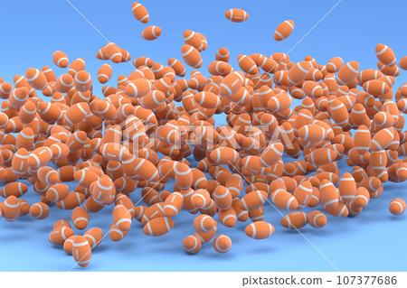 Many of flying orange american football ball falling on blue background 107377686