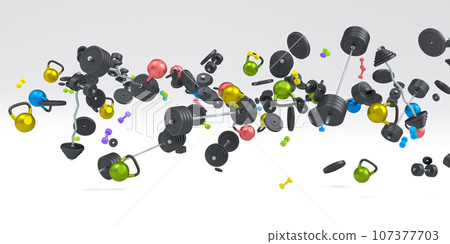 Flying and folling sport equipment like kettlebell barbell and dumbbell on white Flying and folling sport equipment like kettlebell barbell and dumbbell on white 107377703