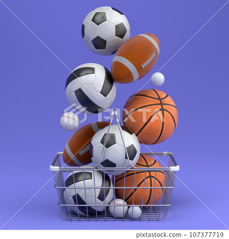 Set of ball like basketball, football and golf in shopping basket on violet 107377719