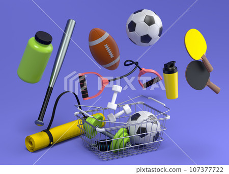 Sport equipment for fitness, gym, crossfit in shopping basket on violet 107377722