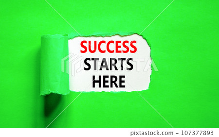 Success starts here symbol. Concept word Success starts here on beautiful white paper. Beautiful green table green background. Business motivational success starts here concept. Copy space. Success starts here symbol. Concept word Success starts here on beautiful white paper. Beautiful green table green background. Business motivational success starts here concept. Copy space. 107377893