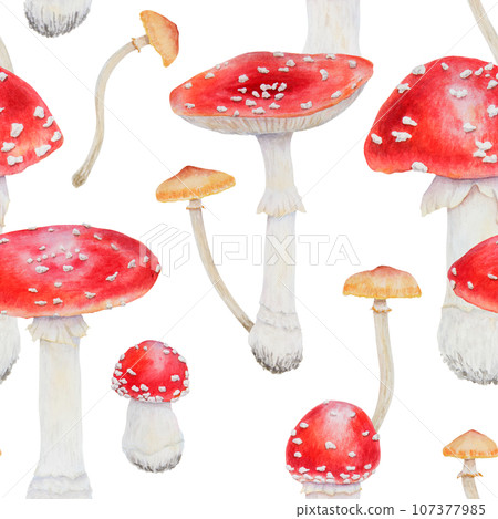 Watercolor seamless pattern of red fly agaric and galerina marginata. Poisonous mushrooms. Hand drawn botanical realistic forest illustration for packing gifts, paper, background, textile 107377985