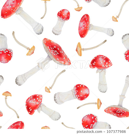 Watercolor seamless pattern of red fly agaric and galerina marginata. Poisonous mushrooms. Hand drawn botanical realistic forest illustration for packing gifts, paper, background, textile 107377986