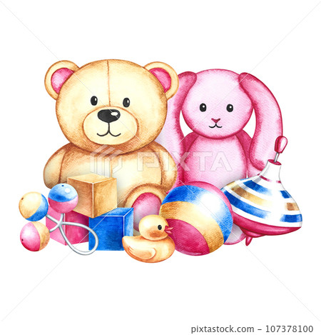 Children's toys: a ball, a spinning top, cubes and a teddy bear with a bunny. Handmade watercolor illustration. For the design of children's books, banners and flyers. For labels, packaging and prints 107378100