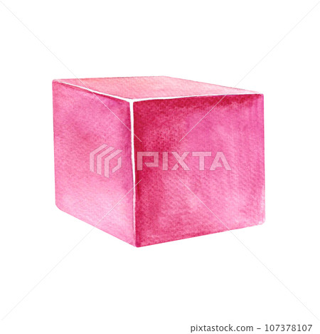 Pink cube. A child's toy. Handmade watercolor illustration. Isolate. For compositions of postcards, banners, stickers and decorations, labels, packaging and prints. Pink cube. A child's toy. Handmade watercolor illustration. Isolate. For compositions of postcards, banners, stickers and decorations, labels, packaging and prints. 107378107