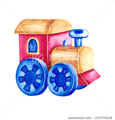 A toy train. Handmade watercolor illustration. Isolate. For the design of children's books, postcards and flyers. For labels, packaging and prints of children's goods. 107378108