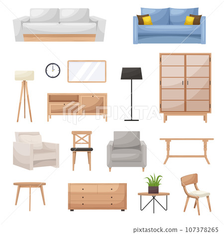 Furniture set. Collection of interior items for a cozy isolated interior. Designer trendy furniture. Vector illustration of living room furniture in mid century modern style. 107378265