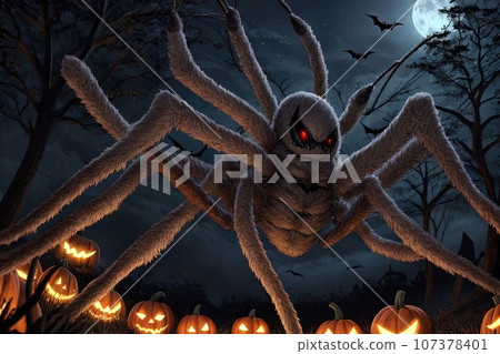 A crafty spider weaves intricate Halloween decorations in the moonlight, transforming its web into a spooky masterpiece illustration 107378401
