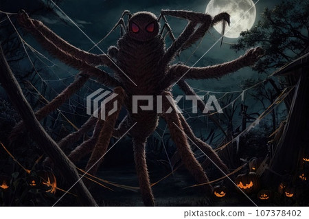 A crafty spider weaves intricate Halloween decorations in the moonlight, transforming its web into a spooky masterpiece illustration 107378402