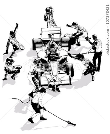Drawing of a racing car pit stop 107378421