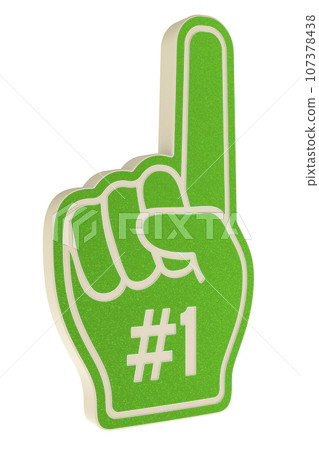 Sport fan glove. Number 1 green fan hand, glove with finger raised flat, 3D rendering Sport fan glove. Number 1 green fan hand, glove with finger raised flat, 3D rendering 107378438