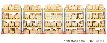 Pallet racks full of cardboard boxes and parcels, front view. 3D rendering Pallet racks full of cardboard boxes and parcels, front view. 3D rendering 107378441