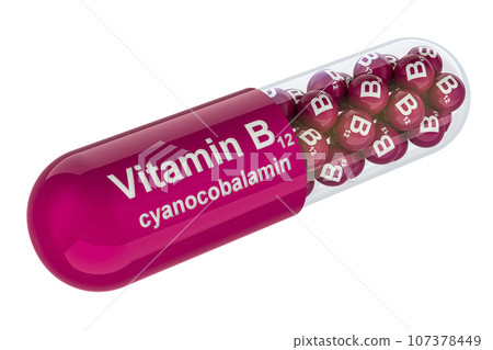 Vitamin capsule B12, cyanocobalamin. 3D rendering 107378449