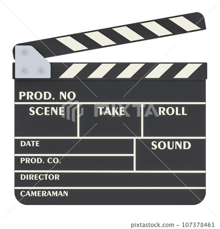 Clapperboard, movie clapper, front view. 3D rendering 107378461