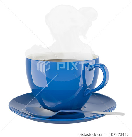 Cup of hot beverage, coffee or tea with steam and spoon. 3D rendering 107378462
