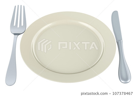 Empty plate with fork and knife, 3D rendering 107378467