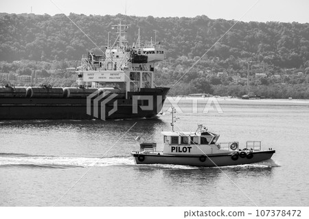 Pilot boat enters the port of Varna, Black Sea port Pilot boat enters the port of Varna, Black Sea port 107378472