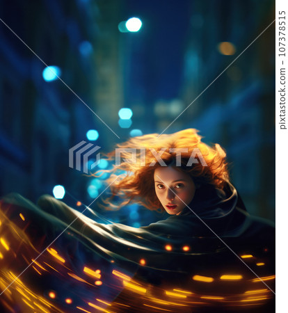 Dynamic action shot of a modern teenage witch casting magic sparks 107378515