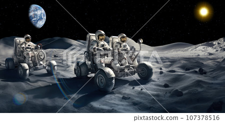 Two teams of astronauts in buggies exploring the lunar landscape 107378516