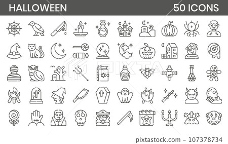 Halloweens detailed outline icons set. The element collection includes moments of the Halloween and can be used in social media posts, web design, app design, and more. 107378734