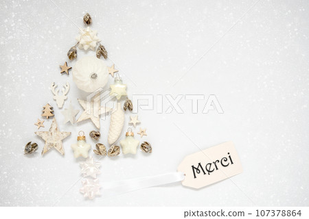 Christmas Tree Out Of Christmas Decoration With Label With Text Merci Christmas Tree Out Of Christmas Decoration With Label With Text Merci 107378864
