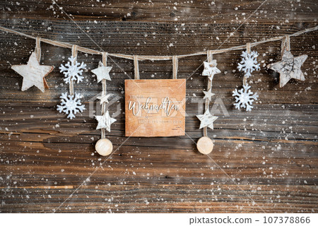 Wooden Decorated Christmas Label With Text Frohe Weihnachten Und Ein Gutes Neues Jahr, Snowy Wooden Decorated Christmas Label With Text Frohe Weihnachten Und Ein Gutes Neues Jahr, Snowy 107378866