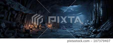 Panorama of mine tunnel, underground passage with lights and rocks 107379407