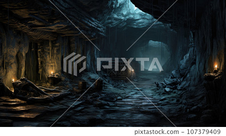 Abandoned mine tunnel, dark historical underground passage, coal ore theme 107379409