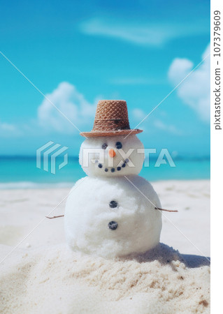 A cute snowman on the beach in bright sunlight, with the sea or ocean in the background. Merry Christmas time, greeting Card. Beach Christmas Vacation without Snow 107379609