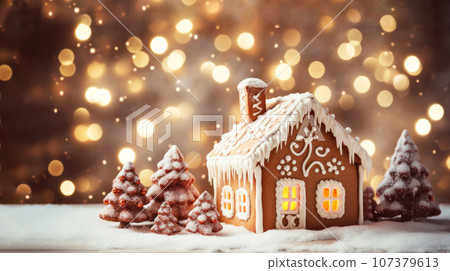 Gingerbread house on a festive table with bokeh lights in the background, Merry Christmas, Advent time, greeting Card. Banner with copy space 107379613